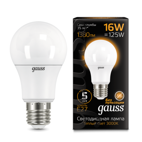 Светодиодная лампа Gauss 102502116 груша E27 16W, 3000K (теплый) CRI>90 150-265V, гарантия 5 лет