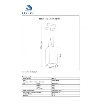 Подвесной светильник Lucide Gladis 21401/15/31, 3xG9x40W, белый, металл - миниатюра 2