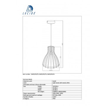 Подвесной светильник Lucide Bounde 34425/35/31, 1xE27x60W, белый, металл, дерево - миниатюра 2