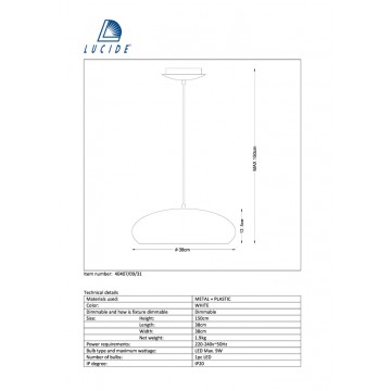 Подвесной светодиодный светильник Lucide Dana 40407/09/31, LED 9W, 3000K (теплый), белый, металл, пластик - миниатюра 2