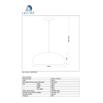 Подвесной светодиодный светильник Lucide Dana 40407/12/31, LED 12W, 3000K (теплый), белый, металл, пластик - миниатюра 2