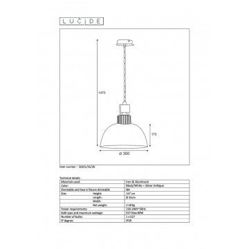 Подвесной светильник Lucide Rana 56301/35/30, черный, металл - миниатюра 3