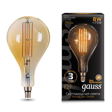 Светодиодная лампа Gauss Filament Oversize 149802008 капля E27 8W, 2400K (теплый) 185-265V, гарантия 3 года