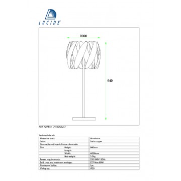 Настольная лампа Lucide Vivana 74500/01/17, 1xE27x60W, черный, медь, металл - миниатюра 2