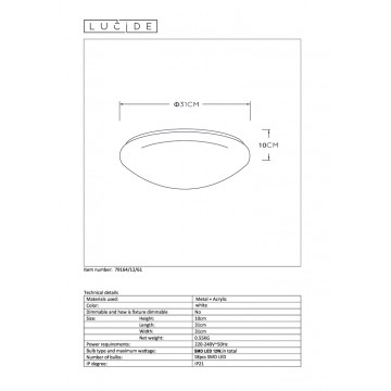 Потолочный светодиодный светильник Lucide Bianca 79164/12/61, IP21, LED 12W, 3500K (дневной), белый, металл, пластик - миниатюра 2