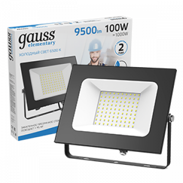 Светодиодный прожектор Gauss Elementary 613100100, IP65, LED 100W 6500K 6900lm CRI>75, черный, металл, металл со стеклом