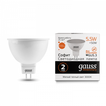 Светодиодная лампа Gauss Elementary 13516 MR16 GU5.3 5,5W, 3000K (теплый) CRI>80 150-265V, гарантия 2 года