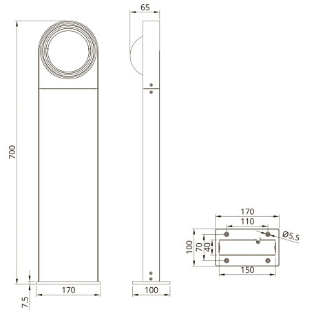 Схема с размерами Arte Lamp A1831PA-1BK